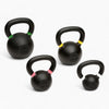 Four black kettlebells with color-coded handles on a white background