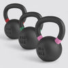 Three black kettlebells with weight markings on a light gray background