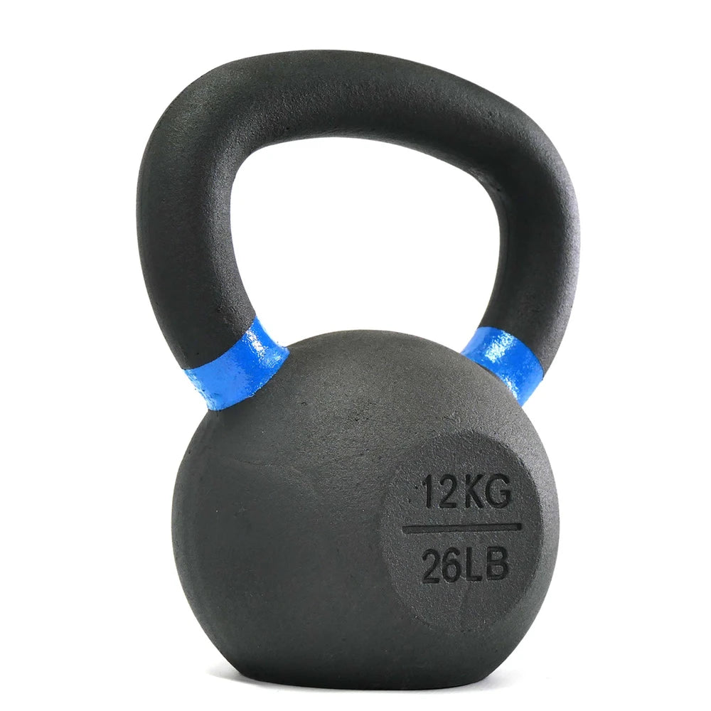 Black kettlebell with blue accents on a white background
