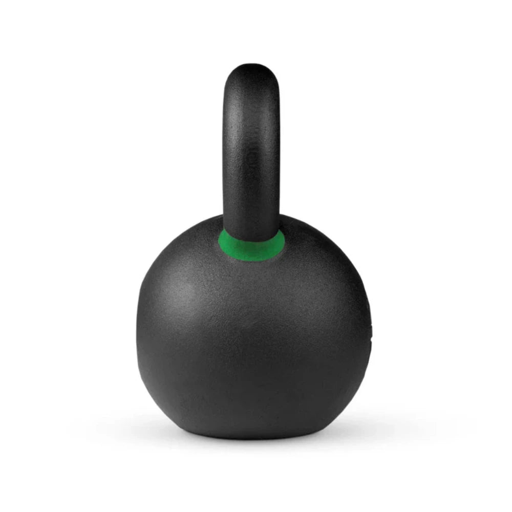 Black kettlebell with a green accent on a white background