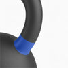 Black kettlebell with a blue grip on a white background