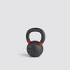 Black kettlebell with red accents on a light gray background