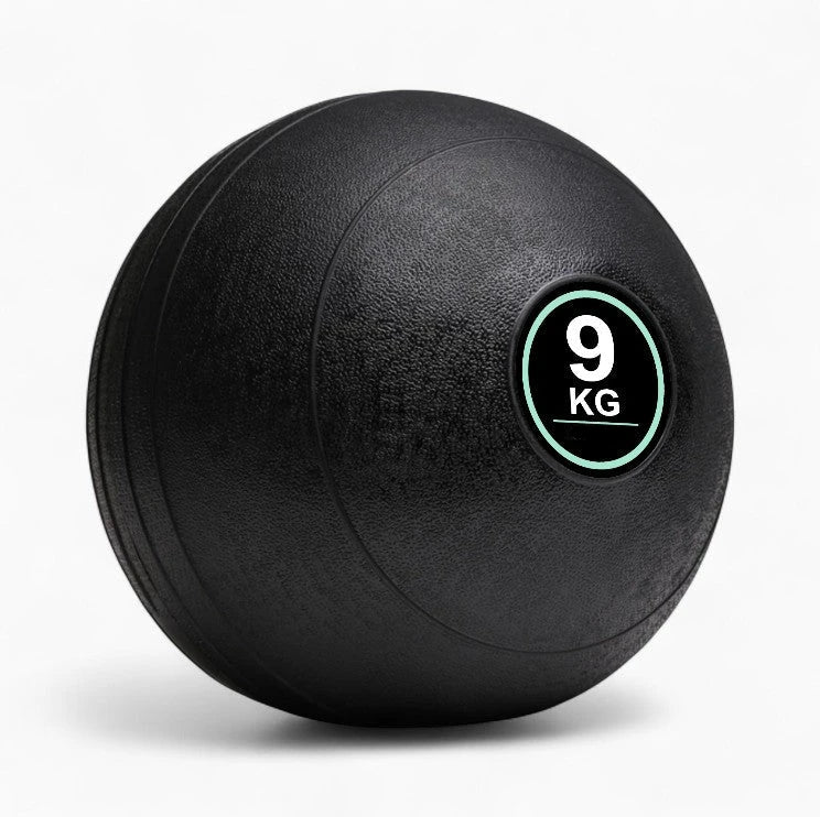 Black exercise ball with a 9 kg label on a white background