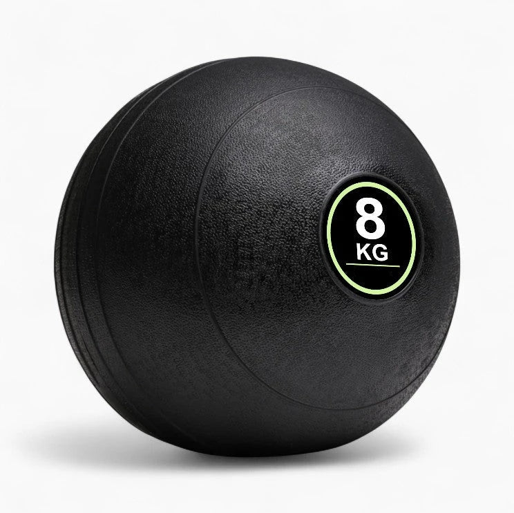 Black exercise ball with '8 KG' marking on a white background