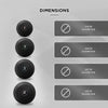 Black slam balls with labelled dimensions on a gray background
