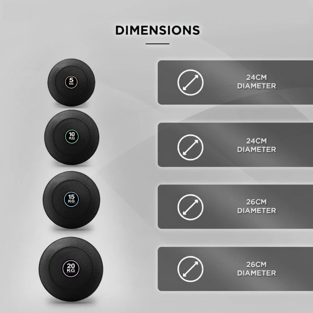 Black slam balls with labelled dimensions on a gray background