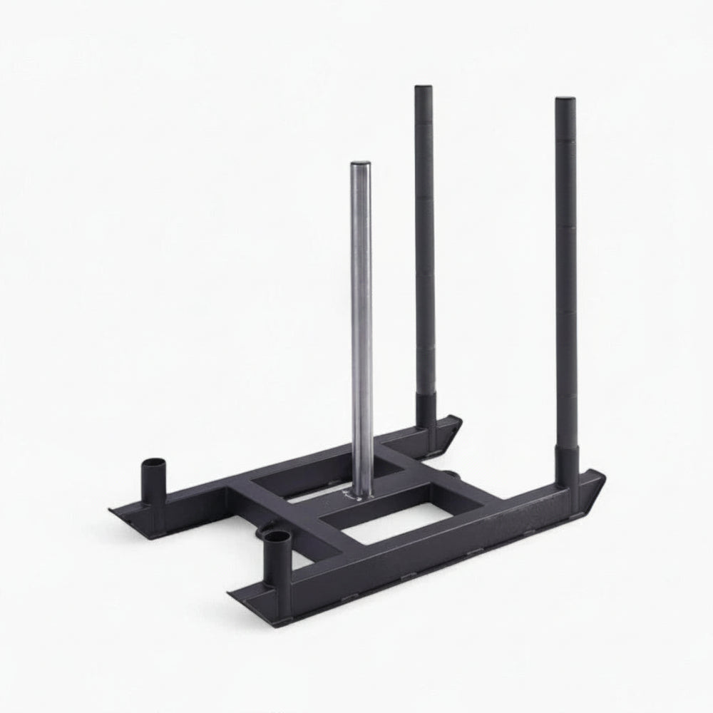 Black metal commercial competition power sled stand on a white background