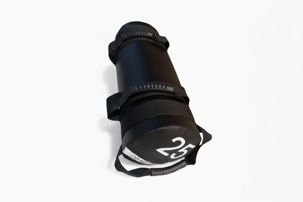 Black sandbag with 25 writing on a white background