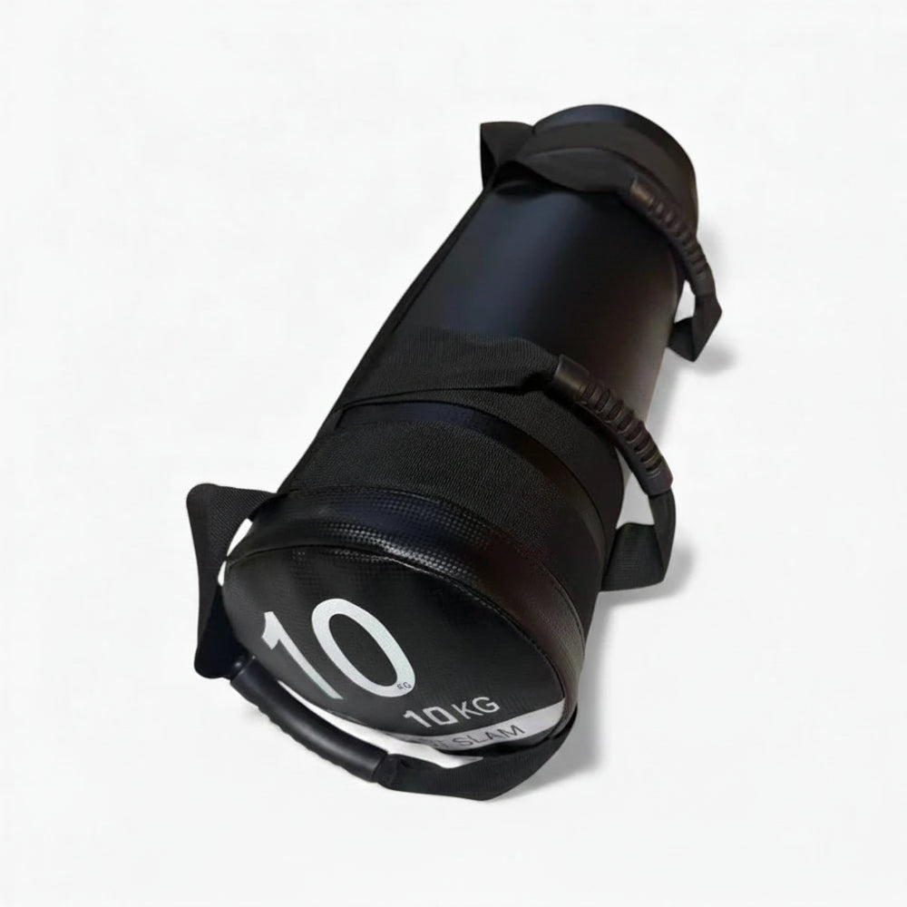 Black sandbag with number '10' on a white background