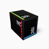 Black plyometric box with colorful sides and measurement labels on a white background