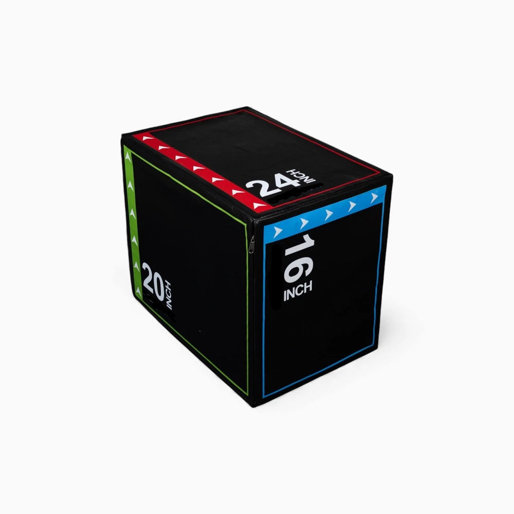 Black jump box with colorful side panels displaying measurements on a white background