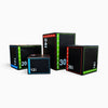 Set of black boxes with colorful measurements on a white background