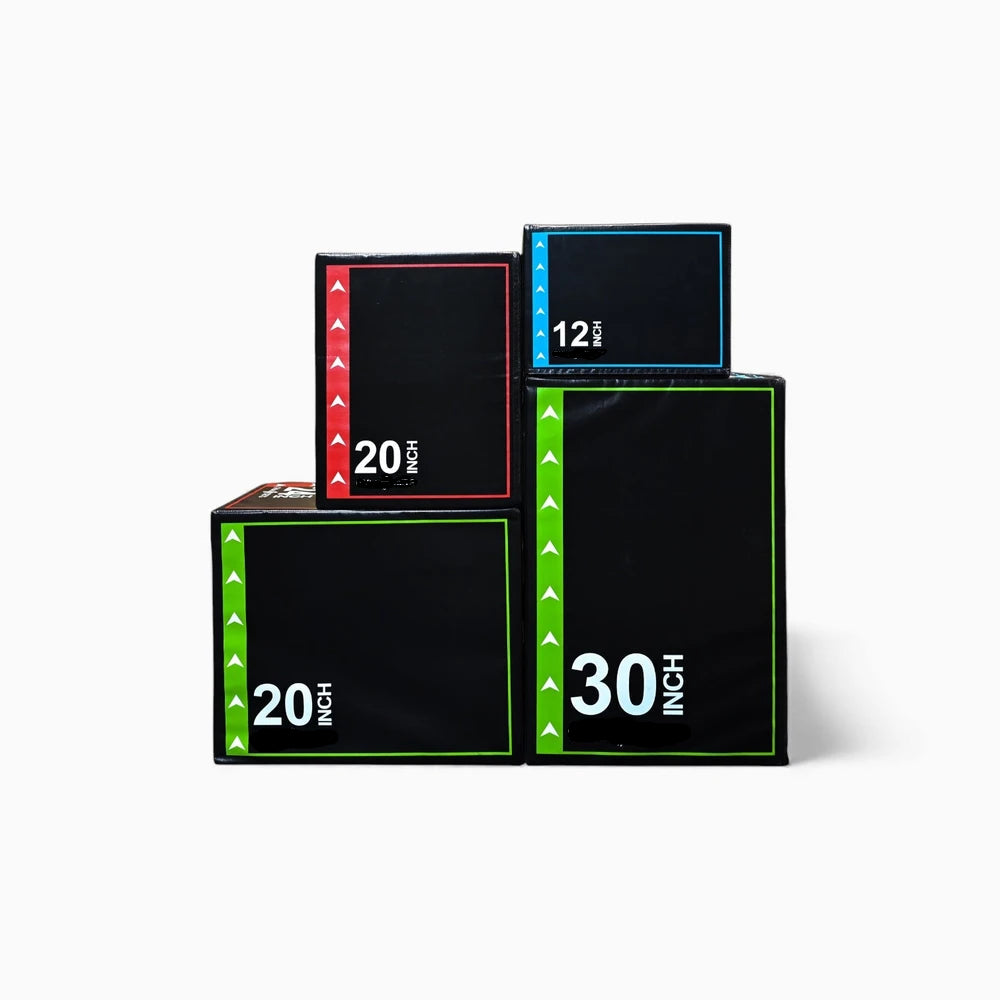 Stack of black jump boxes with measurements on a white background