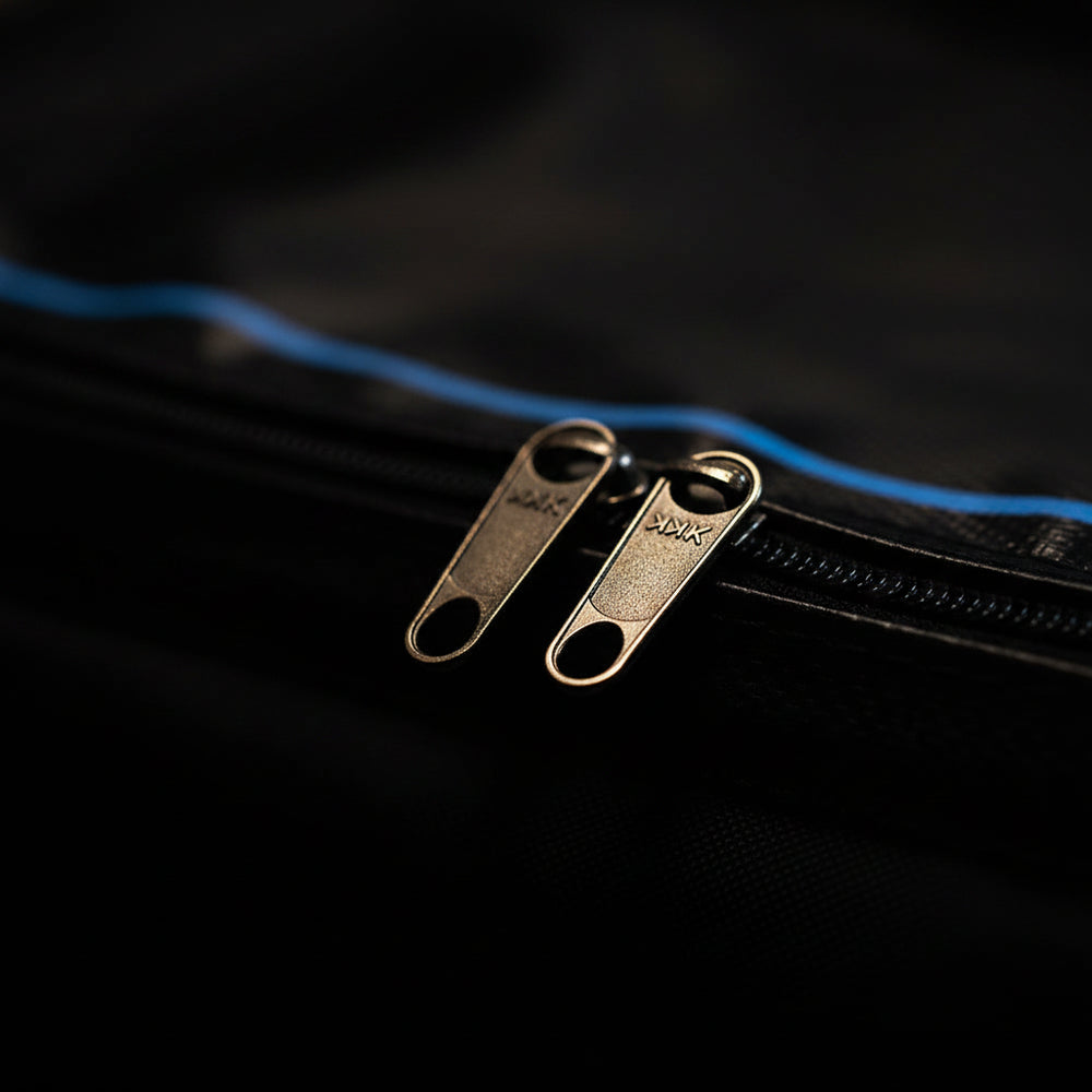 Close-up of a black bag with metal zippers