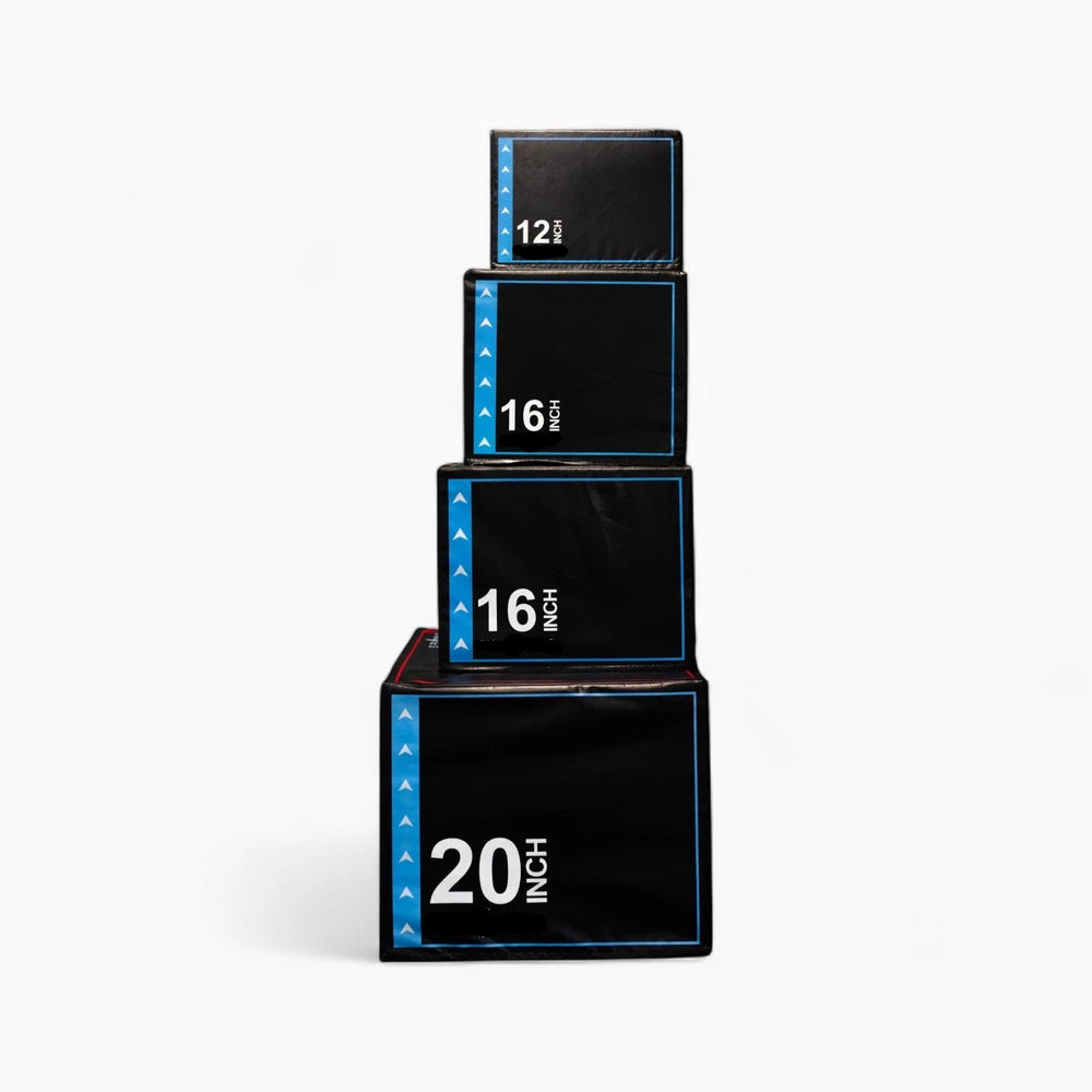 Stack of black jump boxes with size labels on a white background