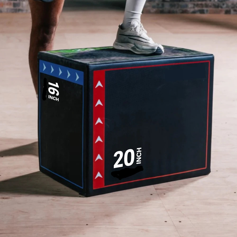 Person stepping onto a black and red exercise box with measurement labels on a wooden floor.