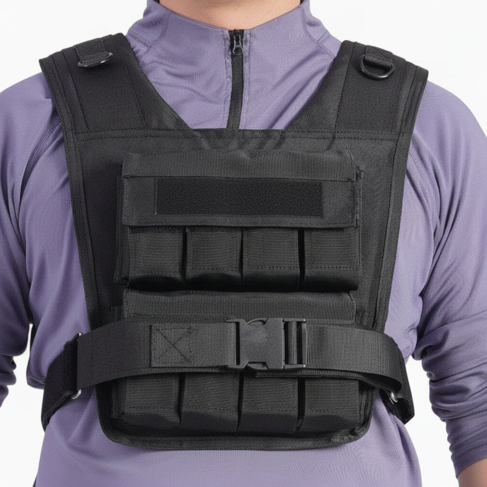 Person wearing a black weight vest on a white background