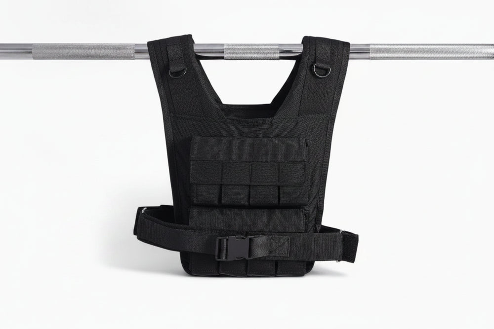 Black weighted vest on a white background