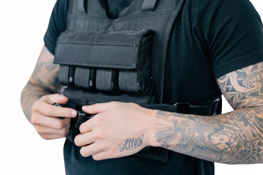 Person wearing a black weighted vest on a white background