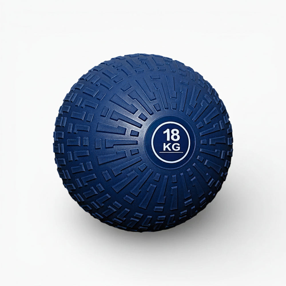 Blue exercise ball with '18 KG' marking on a white background