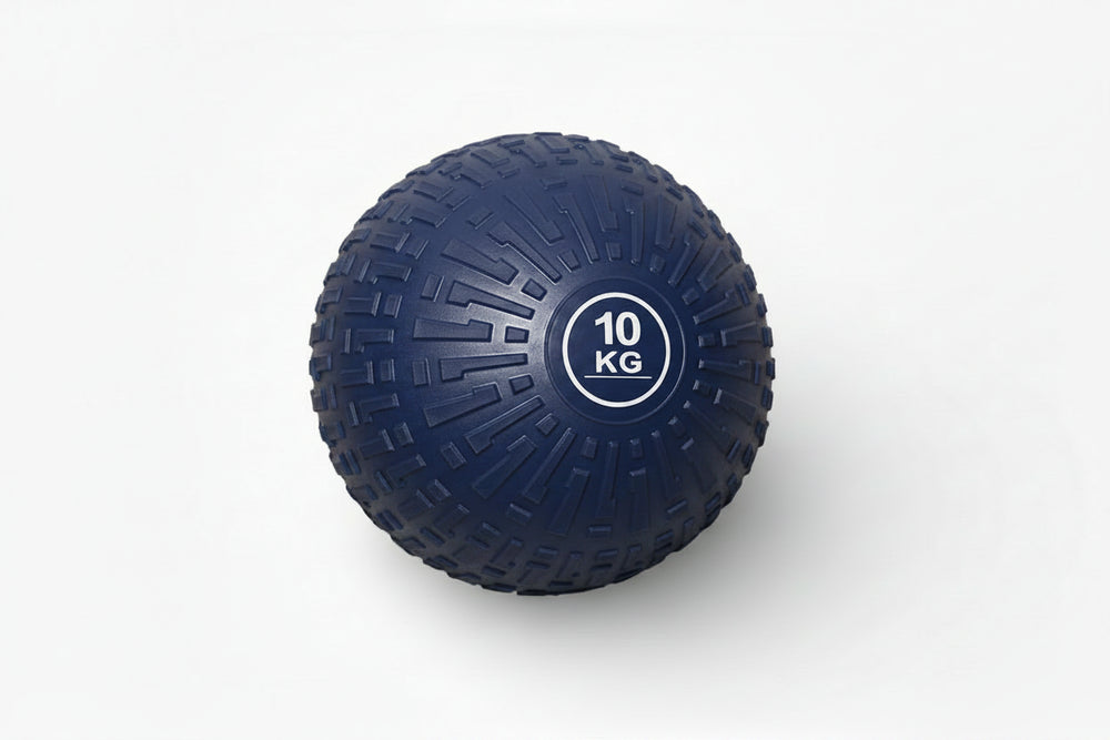 Blue exercise ball with '10 KG' marking on a white background
