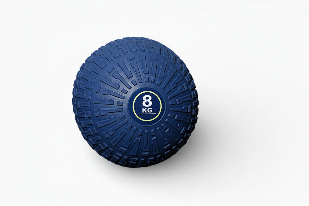 Blue exercise ball with '8 KG' marking on a white background