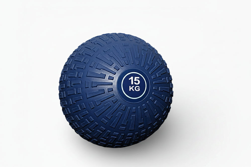 Blue slam ball with '15 KG' marking on a white background