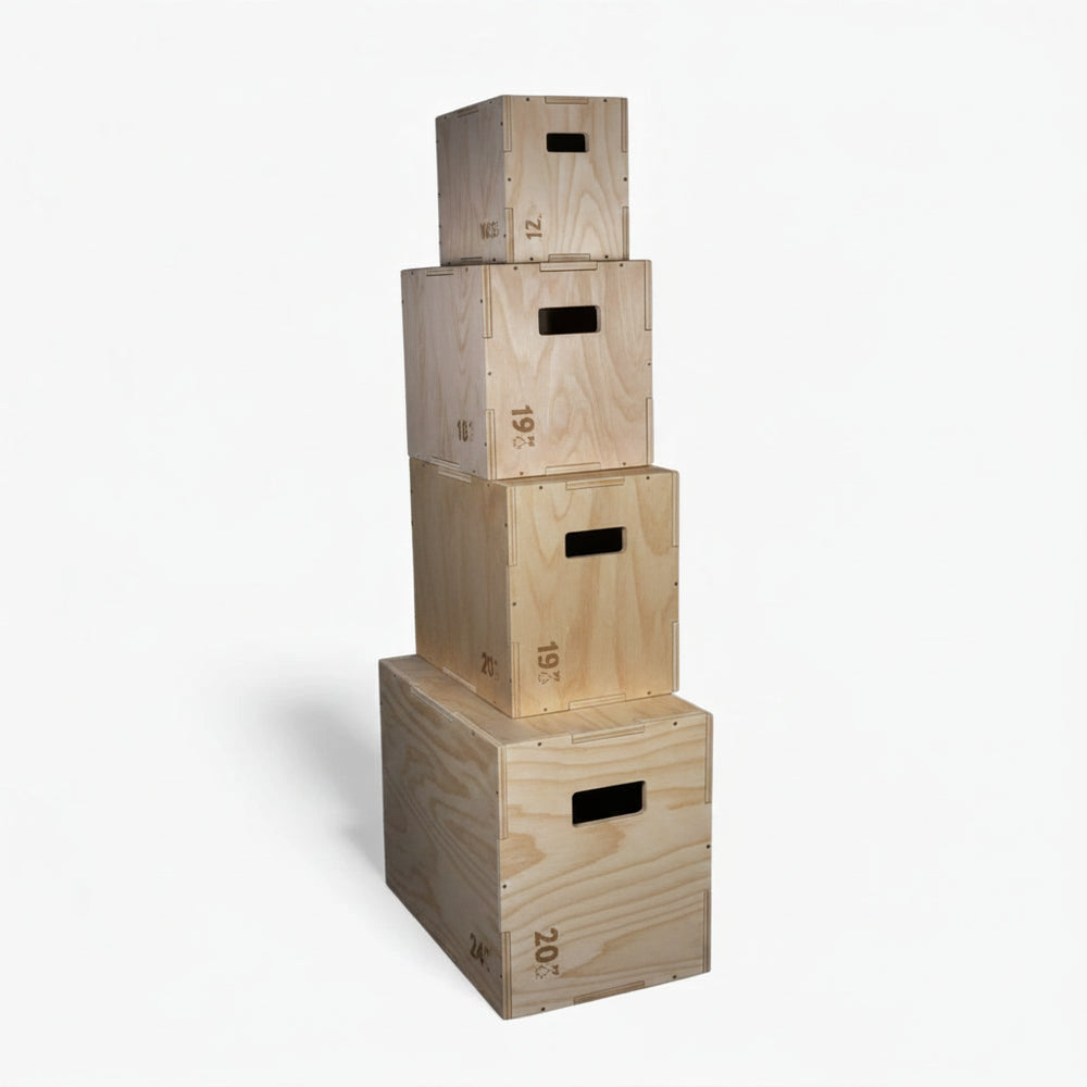 Stack of wooden jump boxes on a white background