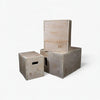 Three wooden jump boxes with different sizes stacked on a white background