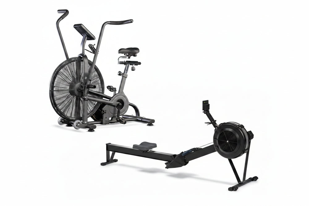 Exercise bike and rowing machine on a white background