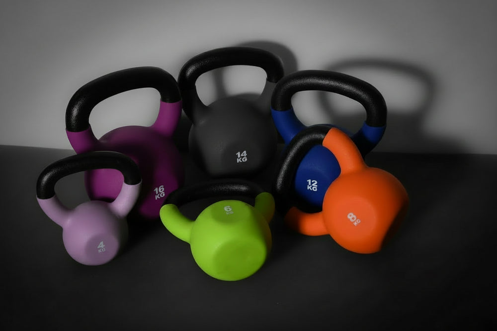 Set of colorful kettlebells on a dark background
