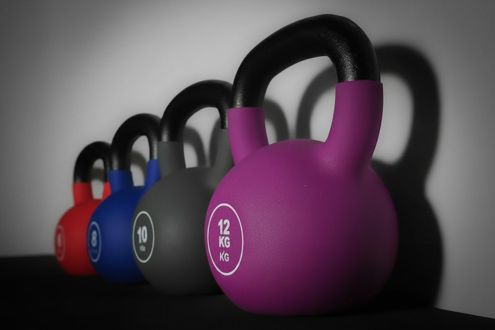 Purple kettlebell with '16 KG' marking, followed by blue and black kettlebells, on a dark background.