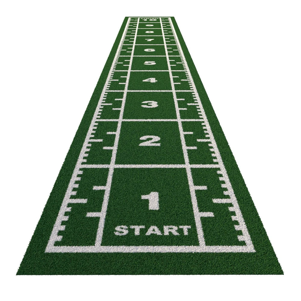 Green sled mat with white numbering and 'Start' text on a white background