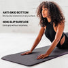 Woman on a yoga mat with text about anti-skid bottom and non-slip surface
