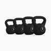 Set of black vinyl-coated kettlebells with weight markings on a white background