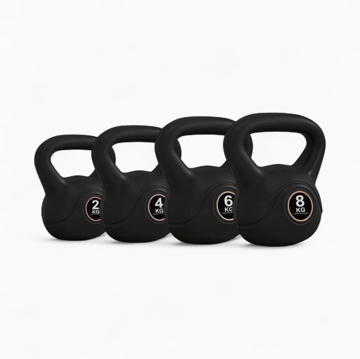 Set of black vinyl-coated kettlebells with weight markings on a white background - Cheap Kettlebells | Gym Superstore