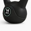 Black kettlebell with a 14 kg label on a white background