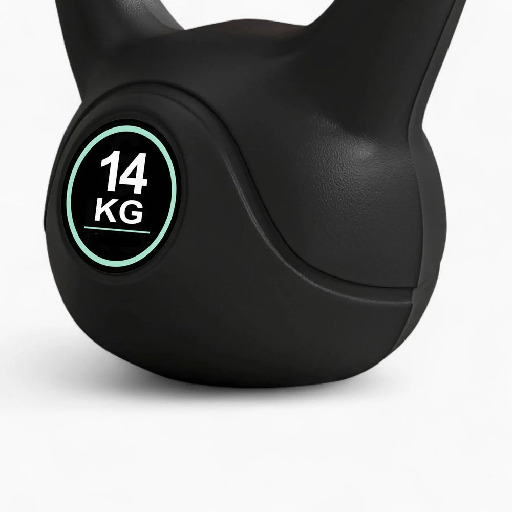 Black kettlebell with a 14 kg label on a white background