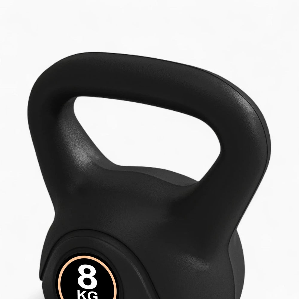 Black 8 kg kettlebell on a white background