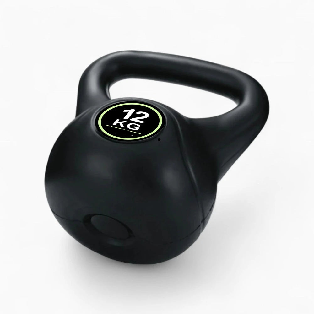 Black kettlebell with '12 KG' marking on a white background