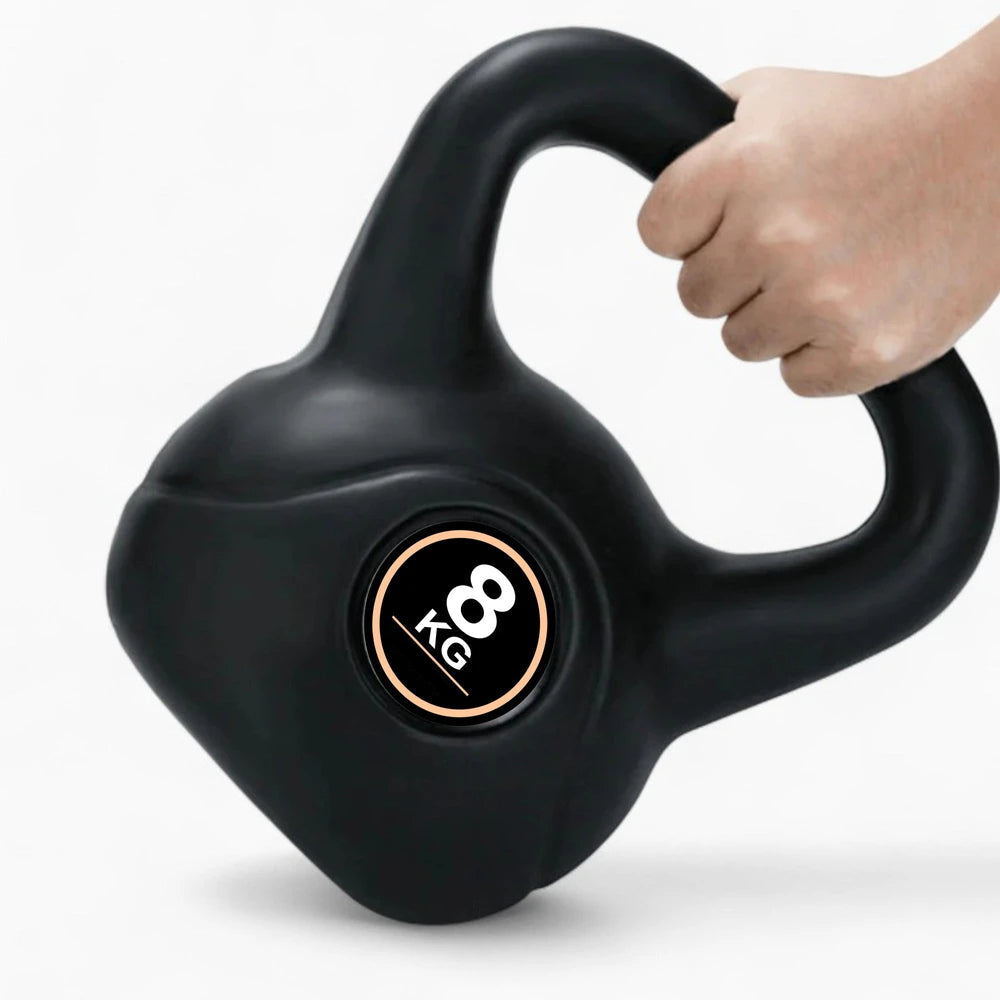 Black kettlebell with '8 KG' marking held by a hand on a white background