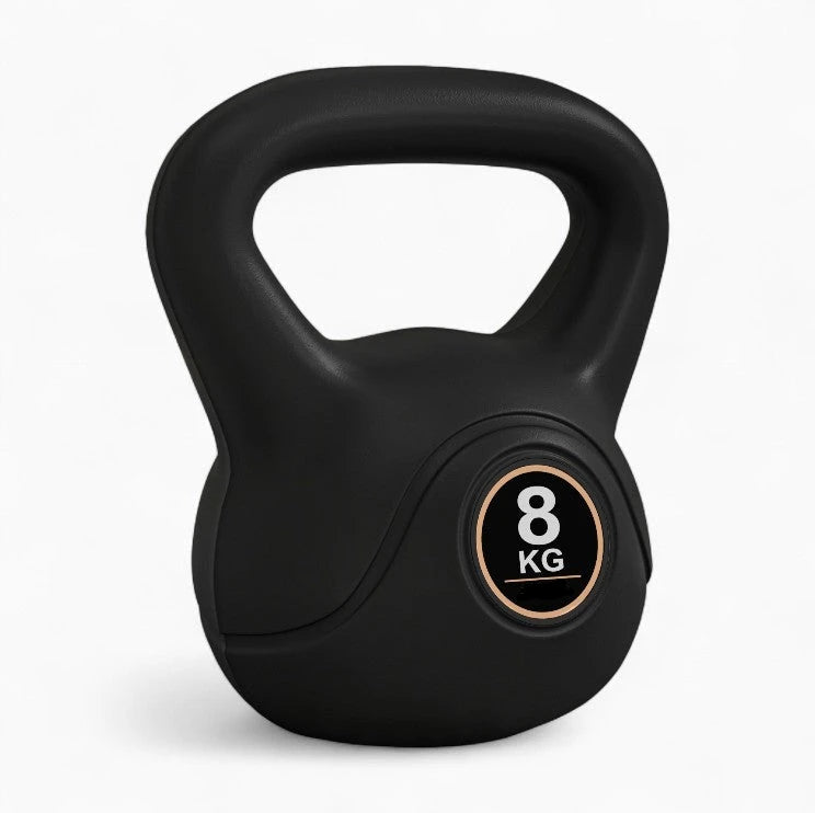 Black 8 kg kettlebell on a white background
