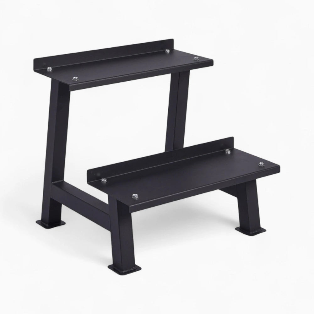 Black weights rack on a white background