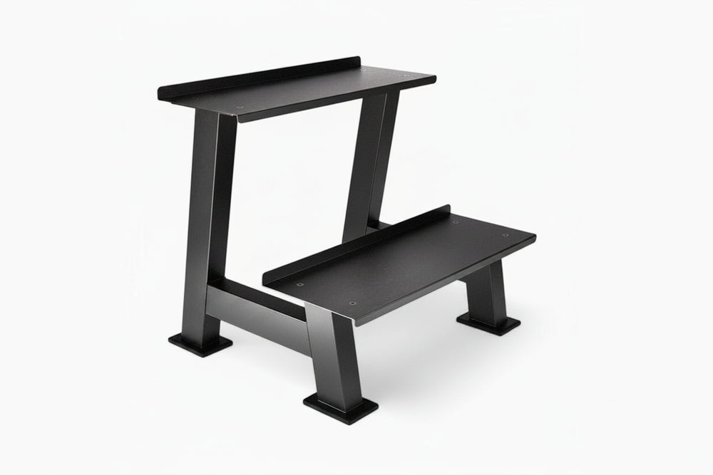 Black two tier weight rack on a white background