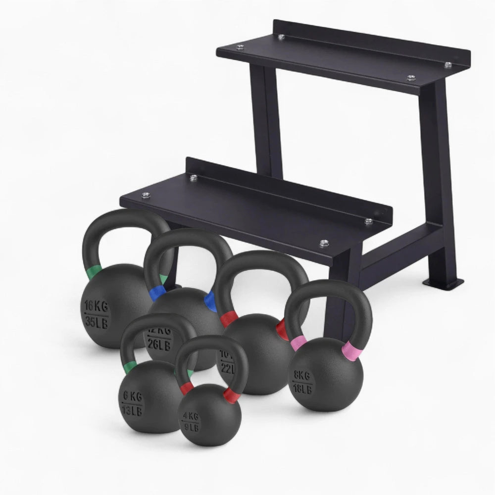 Set of black kettlebells with a weight bench on a white background - for Sale Kettlebells | Gym Superstore