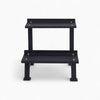 Black metal weights rack on a white background