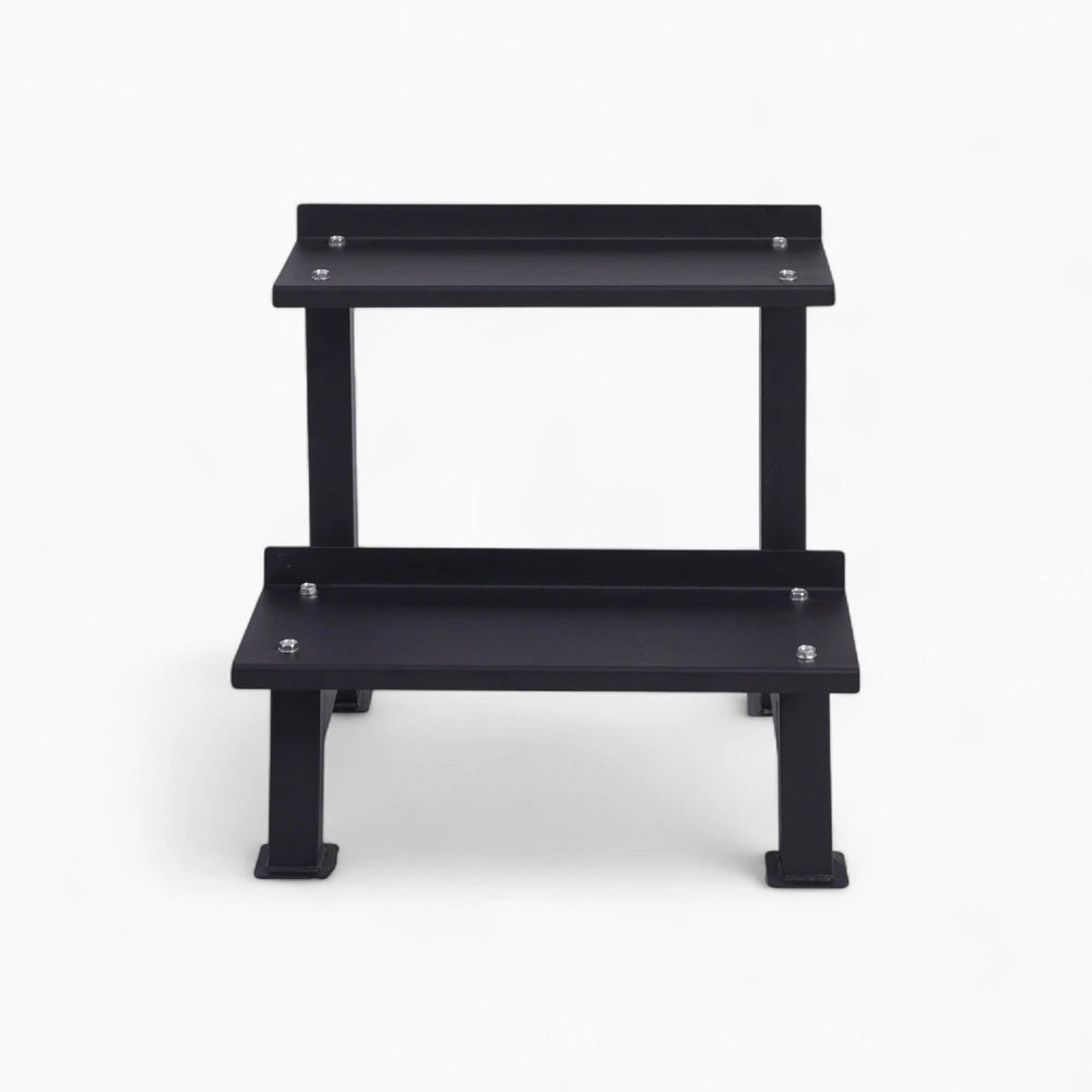 Black metal weights rack on a white background