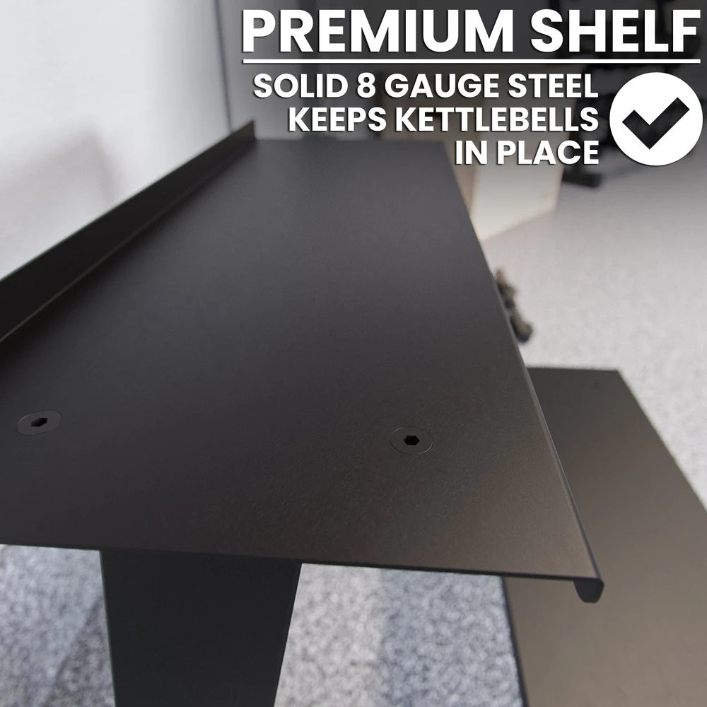 Black metal weights rack with text highlighting its material and function.