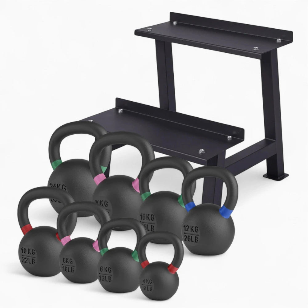Set of black kettlebells with a weights rack on a white background