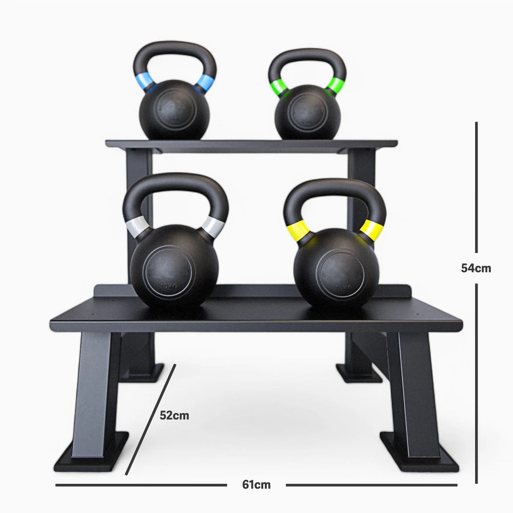 Kettlebell rack with four kettlebells on a white background, showing dimensions.